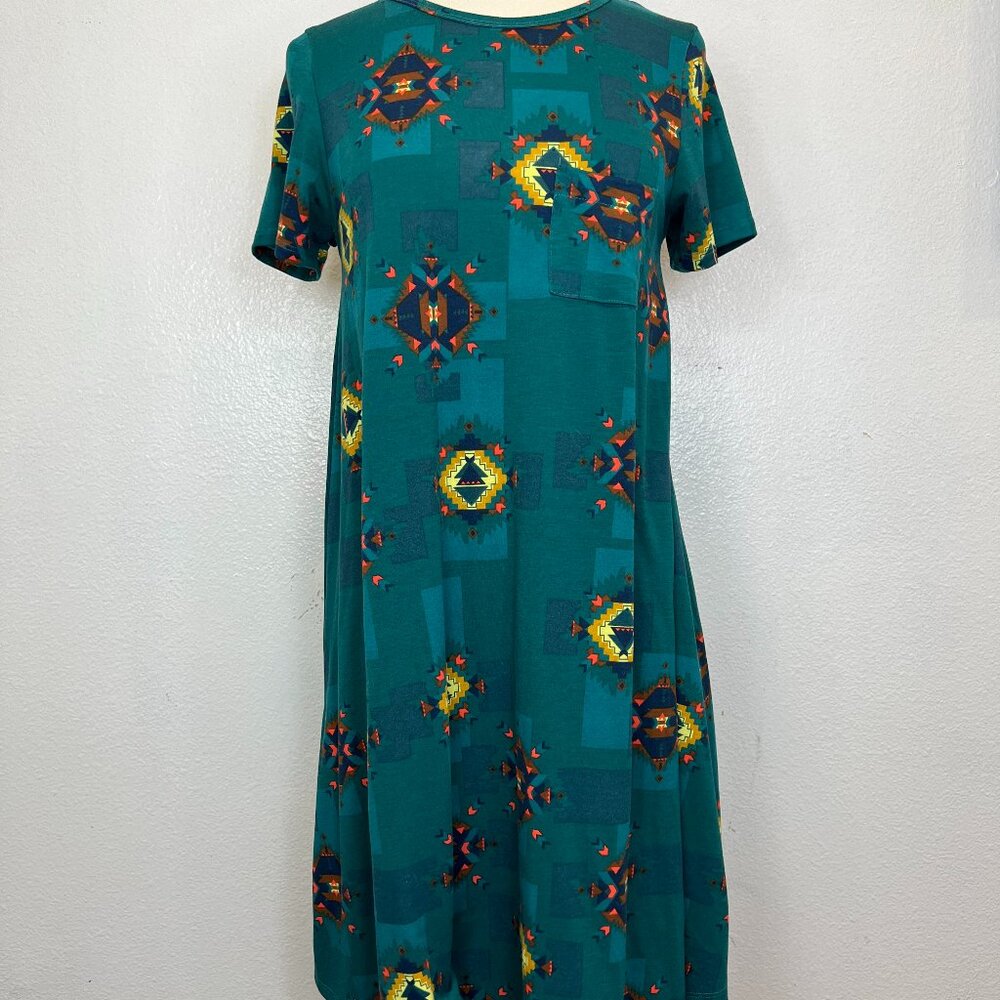 LuLaRoe Carly Green Multicolor Aztec Print Hi-Lo Hem Front Pocket Dress Sz S